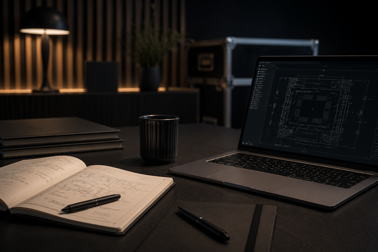 Moody office setting with laptop, technical planning and preparation for a corporate production